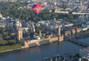 Adventure Balloons Union Jack Balloon flying over London.